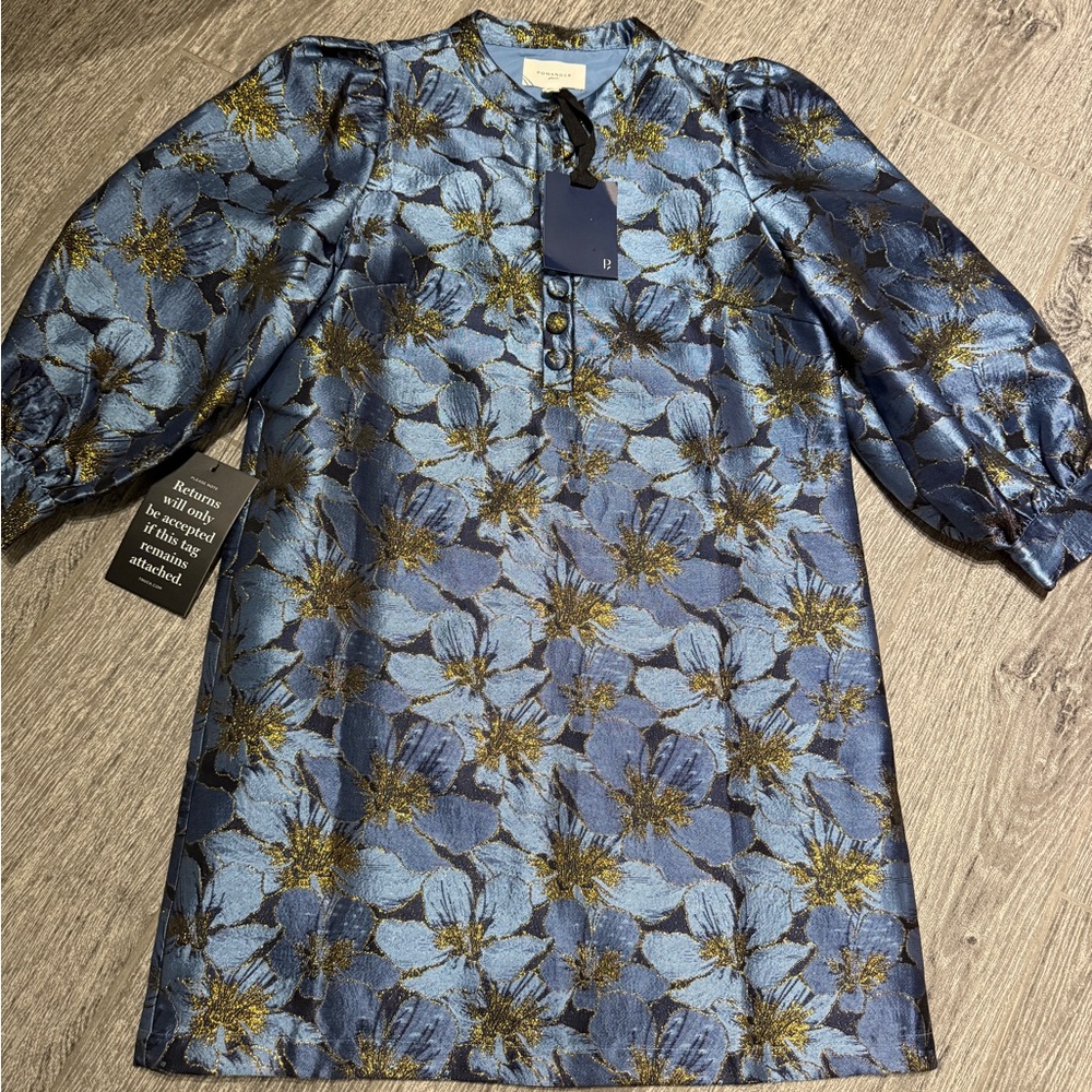 Pomander Place Metallic Blue and Gold Floral Top